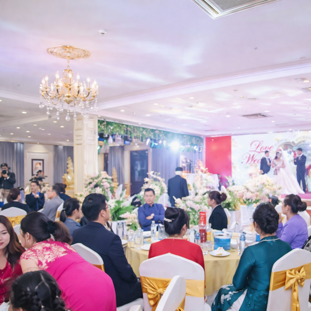 Hình ảnh không gian tiệc cưới sang trọng tại Paracel Resort Hải Tiến, điểm đến lý tưởng cho nghỉ dưỡng và tổ chức sự kiện bên biển Hải Tiến.